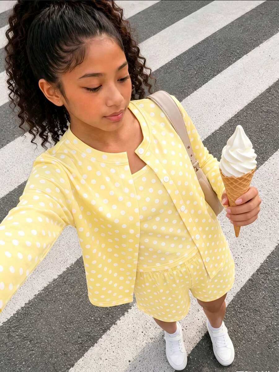 Tween Girl) Casual All-Match Versatile Daily Seasonal Transition Outfit, Open Front Cardigan, Fitted Tank Top And Loose Shorts, Yellow Striped 3 Pieces Set - Yellow - View 1