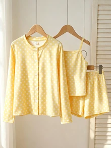 Tween Girl) Casual All-Match Versatile Daily Seasonal Transition Outfit, Open Front Cardigan, Fitted Tank Top And Loose Shorts, Yellow Striped 3 Pieces Set - Yellow - View 8