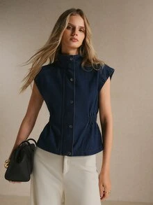 Poéselle 女款藍色牛仔無袖小立領寬鬆上衣，秋季社交時尚襯衫，適合聖誕、演唱會、外出穿著的女款上衣 - 深色水洗藍 - 查看 6