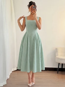 Modelyn 女士绿色编织条纹吊带A字收腰优雅浪漫连衣裙，春夏款 - 綠色 - 查看 3