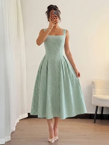 Modelyn 女士绿色编织条纹吊带A字收腰优雅浪漫连衣裙，春夏款 - 綠色 - 查看 5