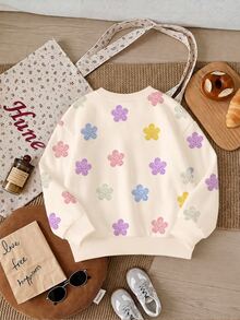 Young Girl Cream White, Cute Sweet Floral Pattern, Young Girl Casual Simple Thick Soft Comfortable Crew Neck Autumn Pullover Random 4 Piece 1 Piece - Multicolor - View 5