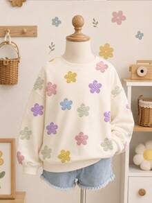 Young Girl Cream White, Cute Sweet Floral Pattern, Young Girl Casual Simple Thick Soft Comfortable Crew Neck Autumn Pullover Random 4 Piece 1 Piece - Multicolor - View 2