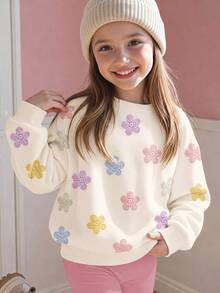 Young Girl Cream White, Cute Sweet Floral Pattern, Young Girl Casual Simple Thick Soft Comfortable Crew Neck Autumn Pullover Random 4 Piece 1 Piece - Multicolor - View 4
