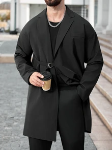 Manfinity CasualCool Men's Casual Solid Color Trench Coat, Black, Old Money , Fall - Black - View 1