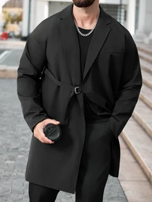 Manfinity CasualCool Men's Casual Solid Color Trench Coat, Black, Old Money , Fall - Black - View 3