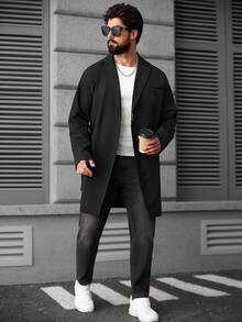 Manfinity CasualCool Men's Casual Solid Color Trench Coat, Black, Old Money , Fall - Black - View 7