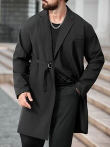 Manfinity CasualCool Men's Casual Solid Color Trench Coat, Black, Old Money , Fall - Black - View 5