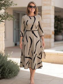 Miaspire Chic Classy Elegant, Abstract Graphic, Midi Dress For Women, Refined Blend, Beige Black, Belted A-Line, Business Work, Church Ceremony, Autumn Fall - Multicolor - View 2