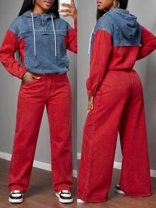 Slaydiva Women's Color-Block Hooded Top And Jeans Set – Red – Casual/Activewear Autumn Cowgirl Outfits For Women - Multicolor - View 1