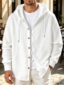 Manfinity Homme 男士秋季白色紋理連帽襯衫外套，休閒度假上衣，適合日常穿著 - 白色 - 查看 1