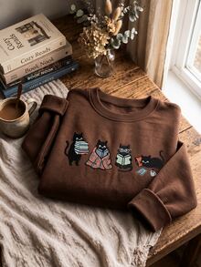 Resyla Women's Round Neck Long Sleeve Cute Cat Pattern Sweatshirt - Coffee Brown - View 4