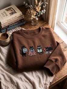 Resyla Women's Round Neck Long Sleeve Cute Cat Pattern Sweatshirt - Coffee Brown - View 5
