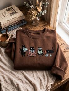 Resyla Women's Round Neck Long Sleeve Cute Cat Pattern Sweatshirt - Coffee Brown - View 3