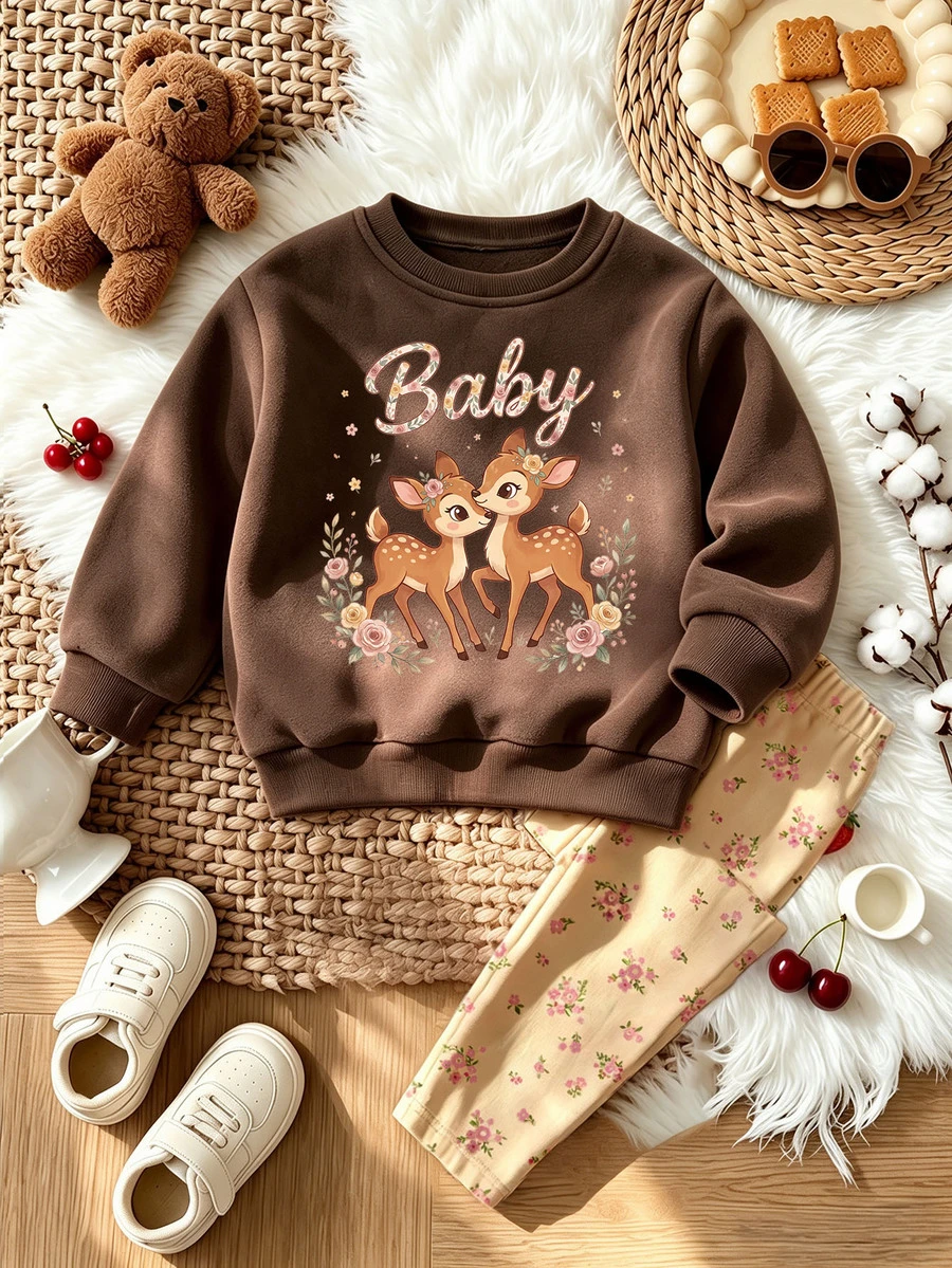 Baby Girls Deer & Ditsy Floral Sweatshirt & Leggings Set, Brown & Beige (2 Pcs) Fall Winter - Multicolor - View 1