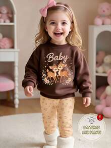 Baby Girls Deer & Ditsy Floral Sweatshirt & Leggings Set, Brown & Beige (2 Pcs) Fall Winter - Multicolor - View 4