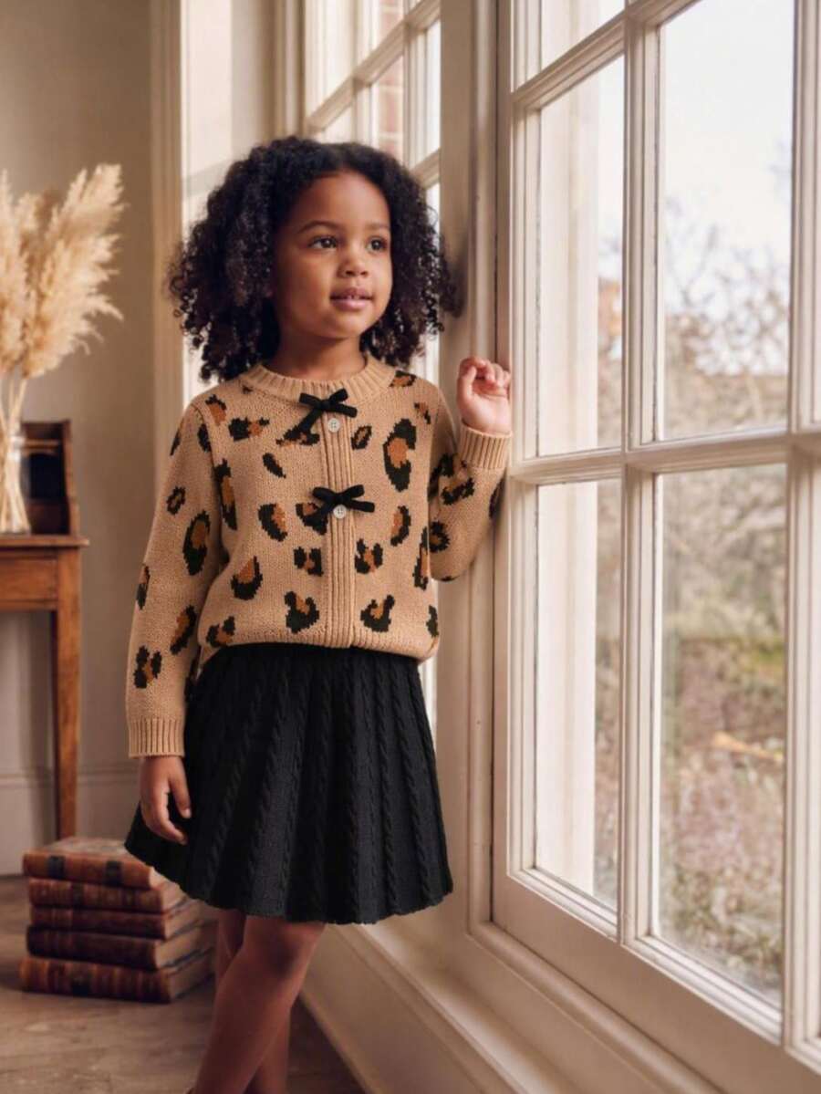 Young Girl Autumn/Winter Casual Princess Leopard Print Sweater Knit Skirt Set Pullover - Yellow - View 1