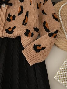 Young Girl Autumn/Winter Casual Princess Leopard Print Sweater Knit Skirt Set Pullover - Yellow - View 6