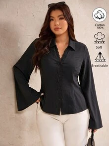 Elegantrix Blus Wanita Ukuran Besar Musim Gugur/Dingin, Bahan 100% Katun, Potongan Slim Fit, Hiasan Renda, Patchwork, Cocok untuk Perjalanan Sehari-hari - Hitam - View 3
