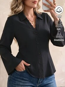 Elegantrix Blus Wanita Ukuran Besar Musim Gugur/Dingin, Bahan 100% Katun, Potongan Slim Fit, Hiasan Renda, Patchwork, Cocok untuk Perjalanan Sehari-hari - Hitam - View 1