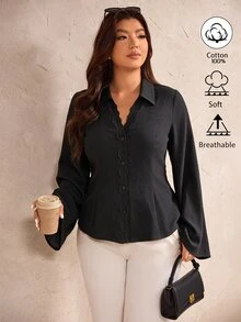 Elegantrix Blus Wanita Ukuran Besar Musim Gugur/Dingin, Bahan 100% Katun, Potongan Slim Fit, Hiasan Renda, Patchwork, Cocok untuk Perjalanan Sehari-hari - Hitam - View 4