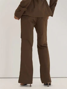 MUSEYN Brown Woven Military Style Button Waist Detail Straight Leg Trousers Versatile Everyday Casual Fall - Brown - View 4
