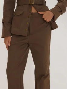 MUSEYN Brown Woven Military Style Button Waist Detail Straight Leg Trousers Versatile Everyday Casual Fall - Brown - View 6