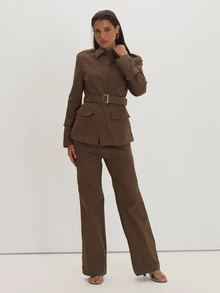 MUSEYN Brown Woven Military Style Button Waist Detail Straight Leg Trousers Versatile Everyday Casual Fall - Brown - View 1