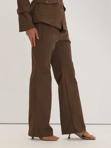 MUSEYN Brown Woven Military Style Button Waist Detail Straight Leg Trousers Versatile Everyday Casual Fall - Brown - View 3