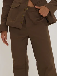 MUSEYN Brown Woven Military Style Button Waist Detail Straight Leg Trousers Versatile Everyday Casual Fall - Brown - View 5
