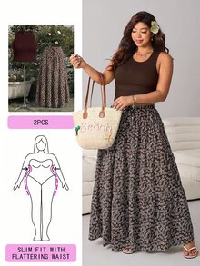 Solflare Women's Plus Size Minimalist Tank Top And Skirt 2 Pieces Set - Chocolate Brown - View 1