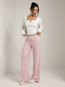 SHEIN PETITE 女款素色抽繩腰直筒寬鬆休閒長褲 - 彩色 - 查看 8