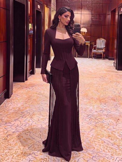 Aureia Elegante vestido de noche largo hasta el suelo color burdeos con escote cuadrado, mangas largas, Body tipo corsé ajustado, detalles fruncidos y borlas, 2 en 1, para invitada de boda, baile de graduación, fiesta de bienvenida y eventos formales