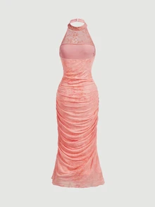 SHEIN MOD Gaun Jacquard Wanita Manis dengan Pinggang Kerut Seksi dan Elegan untuk Liburan Pesta Koktail Musim Panas Warna Merah Muda dan Merah - Dusty Pink - View 4
