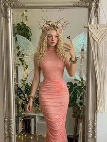 SHEIN MOD Gaun Jacquard Wanita Manis dengan Pinggang Kerut Seksi dan Elegan untuk Liburan Pesta Koktail Musim Panas Warna Merah Muda dan Merah - Dusty Pink - View 5