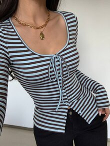 SHEIN Unity 性感街頭風 Y2K 條紋針織彈性寬大圓領綁帶長袖修身鈕扣裝飾休閒女款 T 恤，秋季上班外出穿著，藍色 - 藍色 - 查看 4