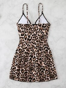 Swim SXY Women Summer Beach Leopard Print Drawstring V-Neck Ruffle Skort Set, Sexy Ladies Swimsuit Cover Up - Multicolor - View 10