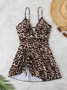 Swim SXY Women Summer Beach Leopard Print Drawstring V-Neck Ruffle Skort Set, Sexy Ladies Swimsuit Cover Up - Multicolor - View 9