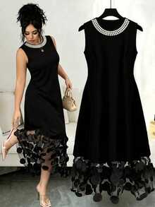 GlowEve CURVE Plus Size Elegant Fashionable Versatile 3D Floral Patchwork Dress For Women - Black - View 1