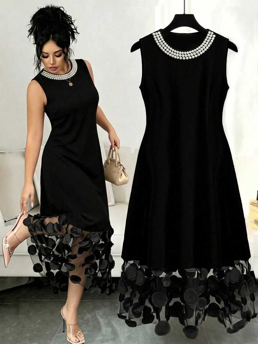 GlowEve CURVE Plus Size Elegant Fashionable Versatile 3D Floral Patchwork Dress For Women - Black - View 1