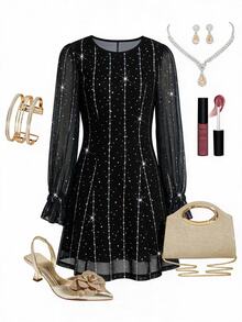 SHEIN Clasi Women's Shiny Mesh Patchwork Casual Daily Summer Dress - Black - View 4