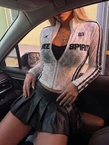 SHEIN ICON Women's Letter Patch Lace Zipper Placket Slim Fit Jacket Everyday Going Out White Autumn Graphic Streetwear - Black and White - View 1