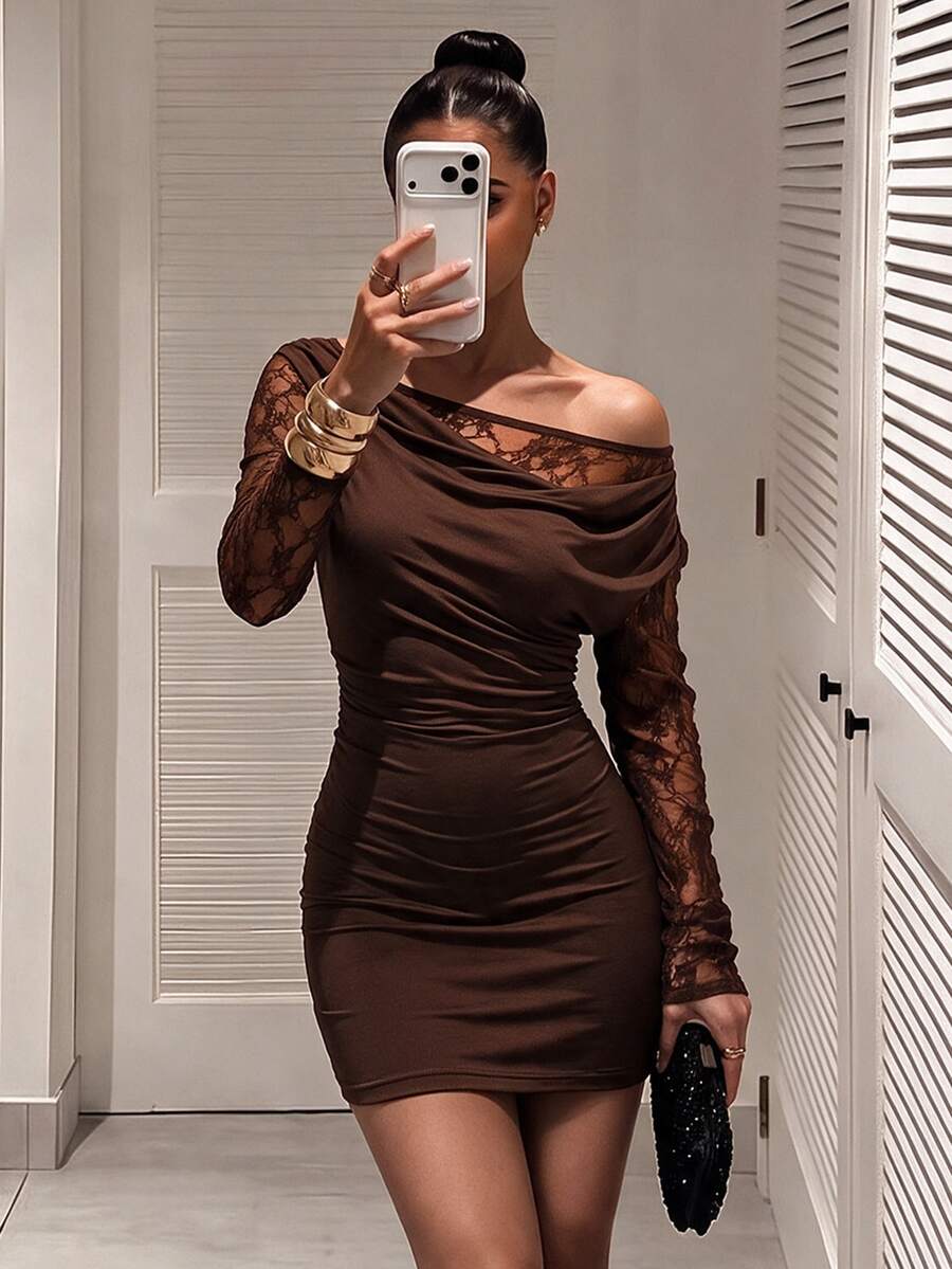 SHEIN Allurite Women Off Shoulder Lace Long Sleeve Bodycon Mini Dress, Draped Ruched Slim Fit Brown Fall Dress For Halloween Party, Date Night & Club Evening Going - Brown - View 1