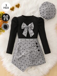Elladie kids Young Girl Black Puff Sleeve Ribbed Knit Top With Bow Decoration On Chest, Printed Asymmetrical Skort And Matching Beret Hat, Suitable For Late Autumn, Early Winter, Early Spring - Grey - View 1