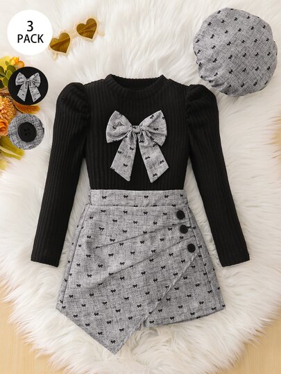 Elladie kids Young Girl Black Puff Sleeve Ribbed Knit Top With Bow Decoration On Chest, Printed Asymmetrical Skort And Matching Beret Hat, Suitable For Late Autumn, Early Winter, Early Spring