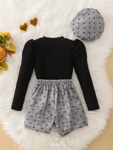 Elladie kids Young Girl Black Puff Sleeve Ribbed Knit Top With Bow Decoration On Chest, Printed Asymmetrical Skort And Matching Beret Hat, Suitable For Late Autumn, Early Winter, Early Spring - Grey - View 2