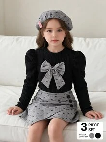 Elladie kids Young Girl Black Puff Sleeve Ribbed Knit Top With Bow Decoration On Chest, Printed Asymmetrical Skort And Matching Beret Hat, Suitable For Late Autumn, Early Winter, Early Spring - Grey - View 3