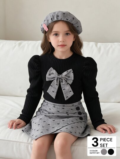 Elladie kids Young Girl Black Puff Sleeve Ribbed Knit Top With Bow Decoration On Chest, Printed Asymmetrical Skort And Matching Beret Hat, Suitable For Late Autumn, Early Winter, Early Spring