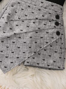 Elladie kids Young Girl Black Puff Sleeve Ribbed Knit Top With Bow Decoration On Chest, Printed Asymmetrical Skort And Matching Beret Hat, Suitable For Late Autumn, Early Winter, Early Spring - Grey - View 8