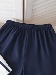 Setelan 2pcs/Set untuk Anak Perempuan Remaja, Atasan Tanpa Lengan Bergaris Biru dengan Pita dan Celana Panjang Longgar, Pakaian Liburan - Navy Blue - View 6